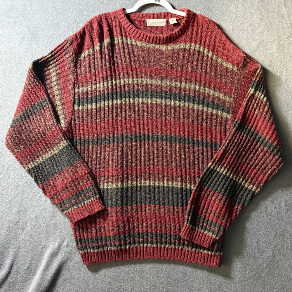 Fieldmaster Mens Large Striped Ribbed Crewneck Sweater Red Olive Made in USA